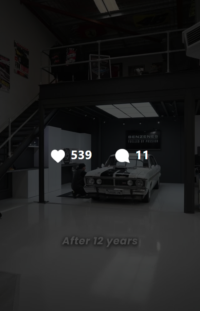 A thumbnail of a video of a car detailing workshop featuring the business owner working on a vintage muscle car. The video has 539 likes and 11 comments on the Instagram UI.
