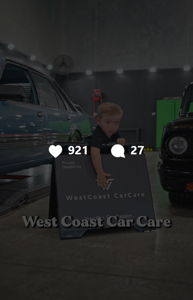 A thumbnail of a video of a car detailing workshop featuring the son of the business owner. The video has 921 likes and 27 comments on the Instagram UI.