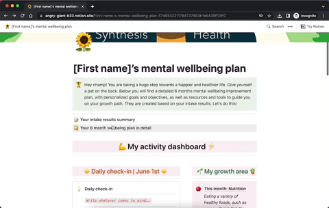 Screenshot of a mental wellbeing plan webpage with sections for activity dashboard and daily check-in, June 1st, and nutrition tips.
