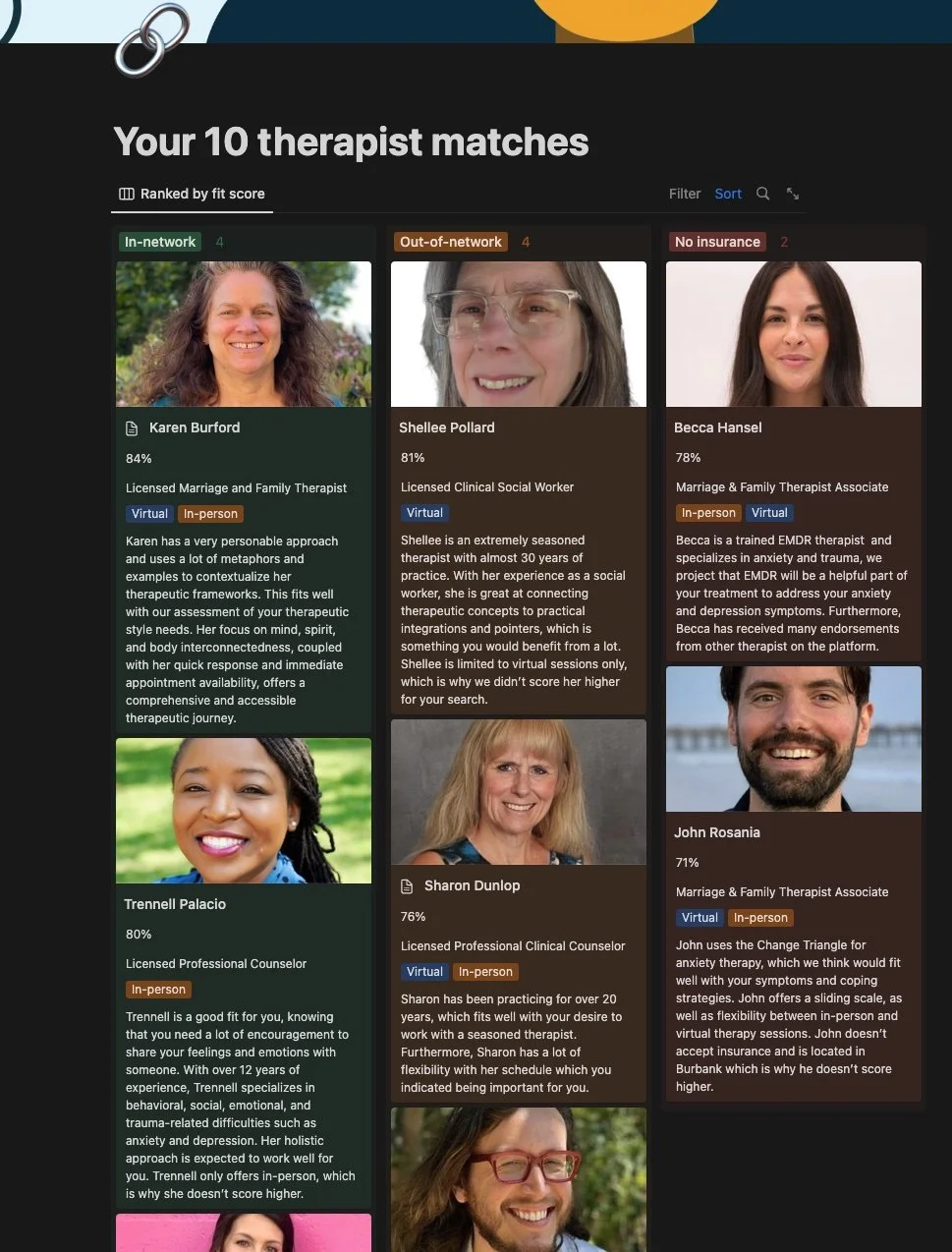 A digital interface showing the top 10 therapy matches, categorized by fit score and insurance coverage. Profiles include photos, names, scores, credentials, brief descriptions, and tags indicating virtual or in-person sessions.