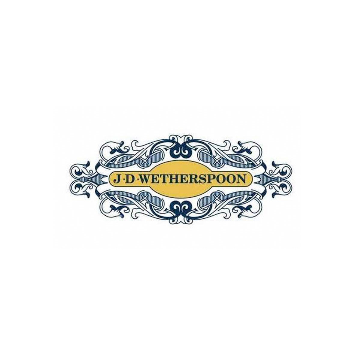 J.D. Wetherspoon logo with ornate blue design and yellow background.