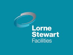 Logo with text 'Lorne Stewart Facilities' and a circular design on a teal background.