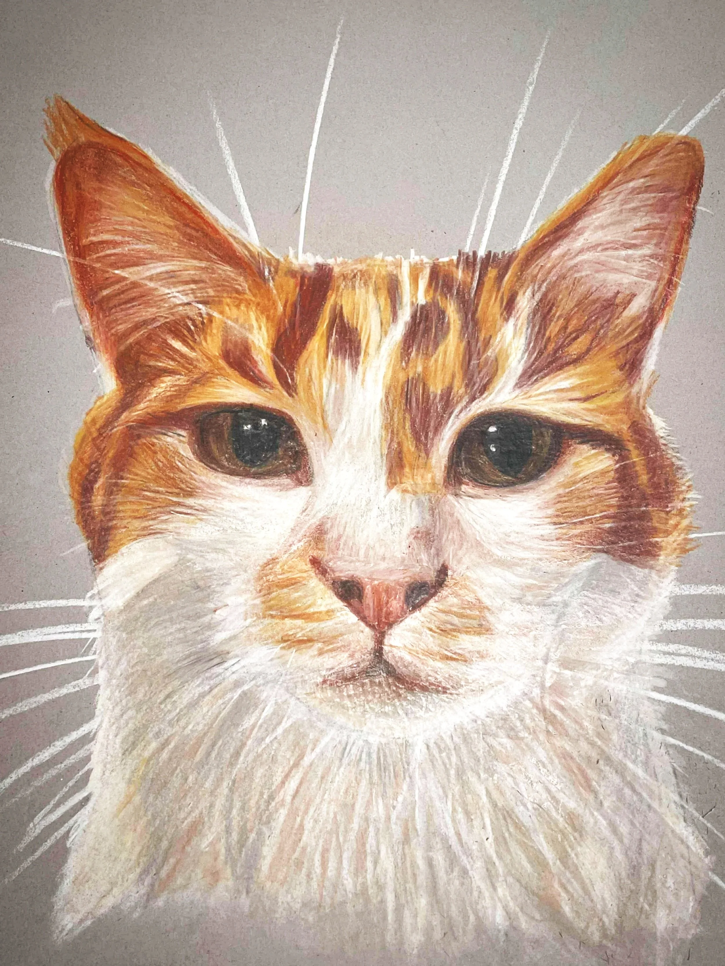 Painting of a cat's face with detailed fur, large eyes, pink nose, and white whiskers, on a gray background.