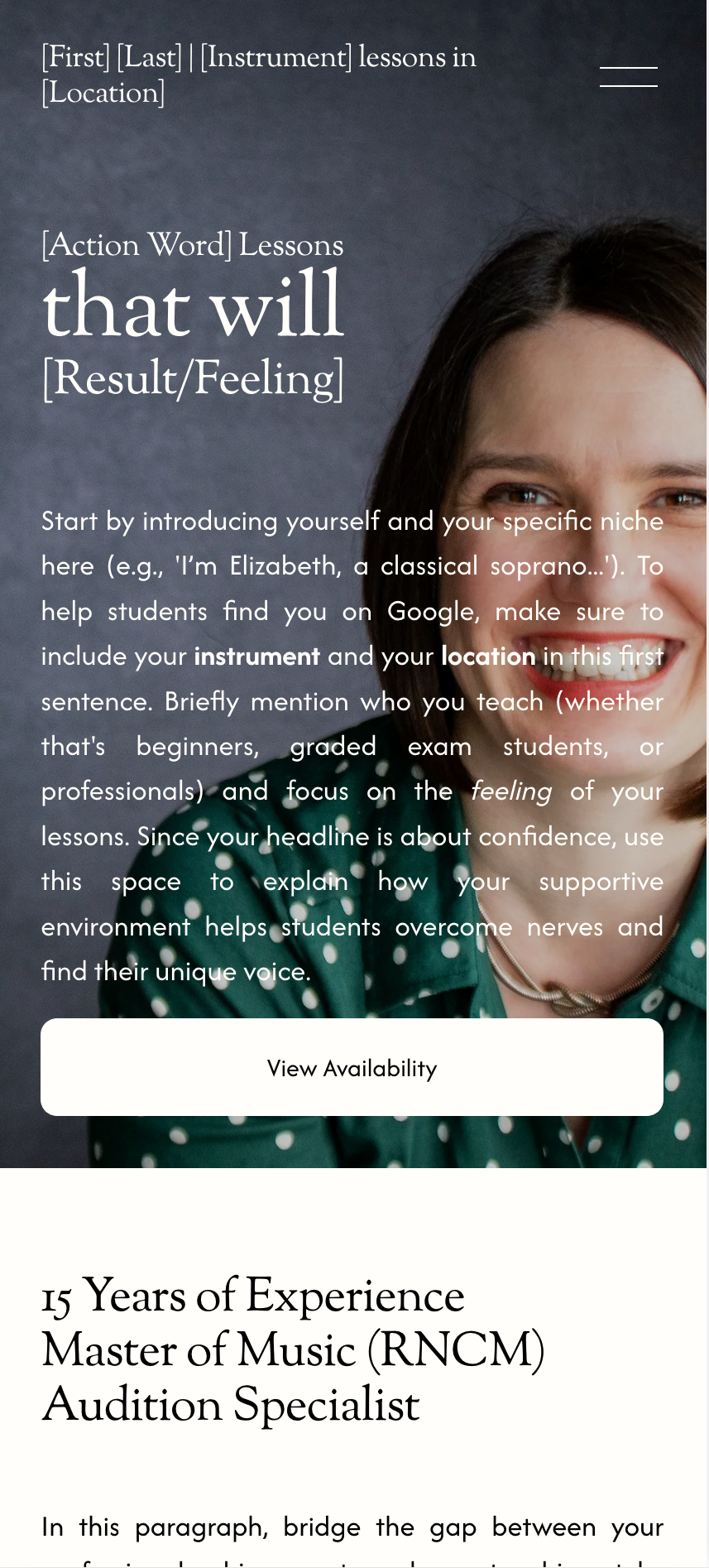 Mobile view of a musician's website template showing a clean scheduling interface and responsive design.