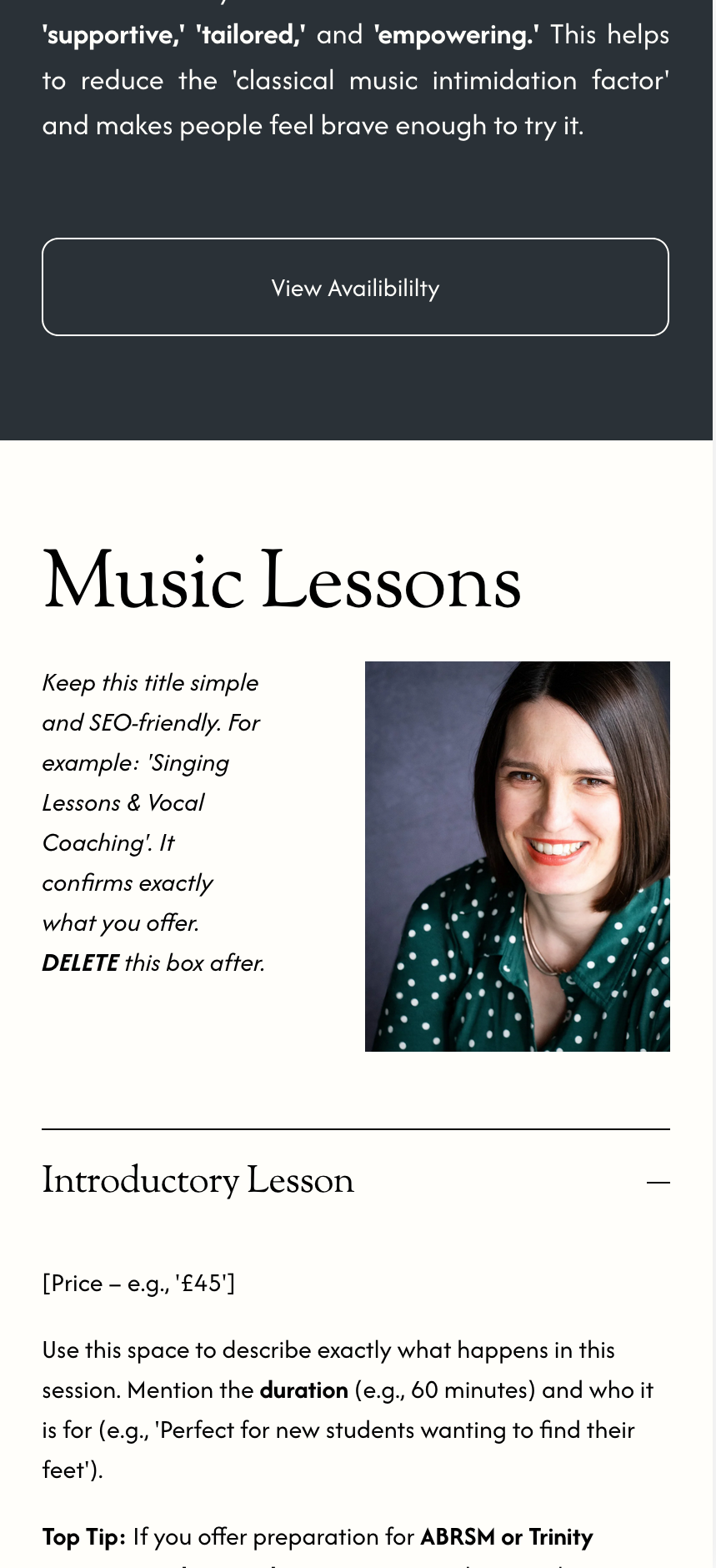 Mobile view of a musician's website template showing a clean scheduling interface and responsive design.