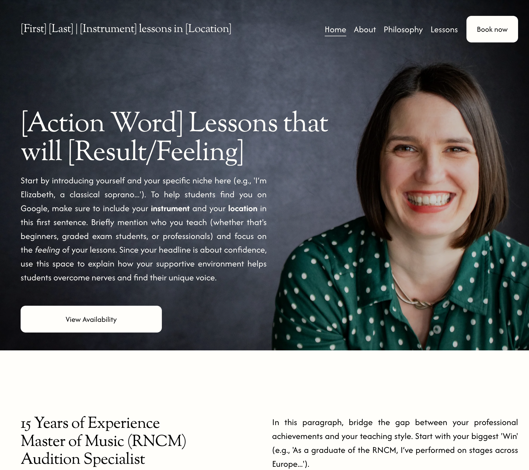 Desktop mockup of the Musician's Mini-Site Squarespace template featuring professional portraits of a soprano.
