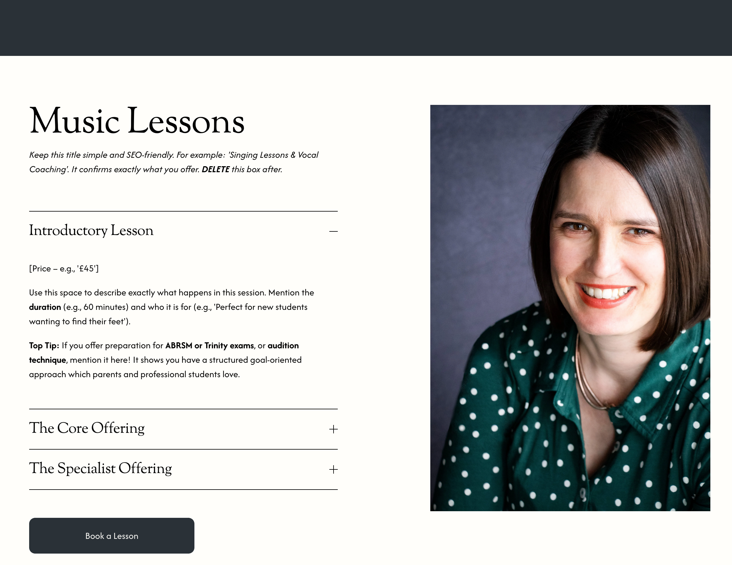 Desktop mockup of the Musician's Mini-Site Squarespace template featuring professional portraits of a soprano.
