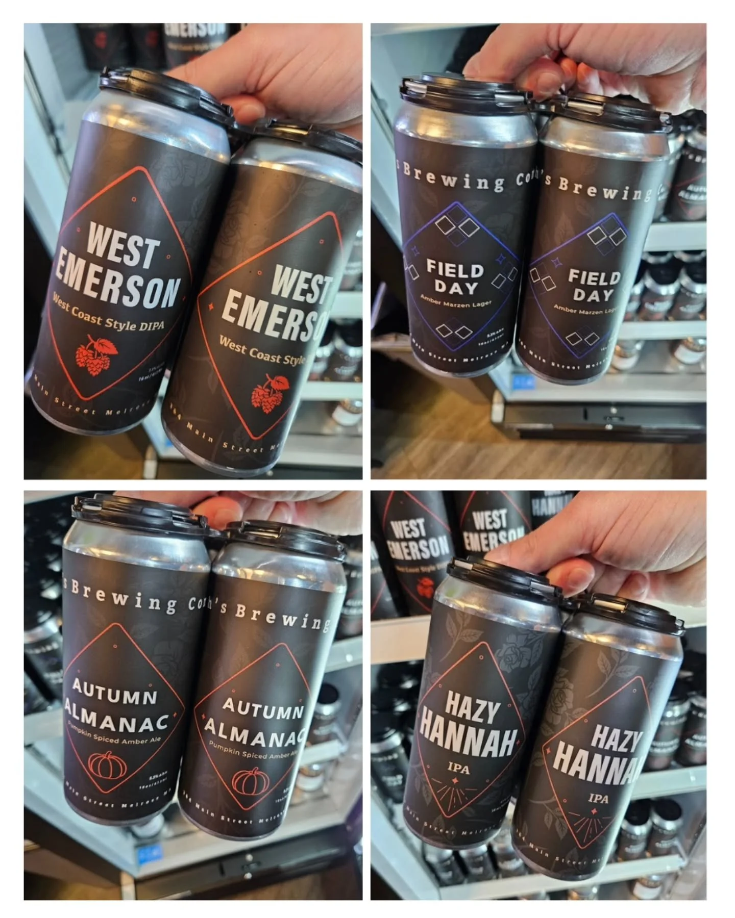 🥀 NOW AVAILABLE
West Emerson 7.1%
west coast DIPA
Field Day 5.1%
German-style märzenbier
Hazy Hannah 6.5%
NEIPA
Autumn 🍂 Almanac 5.3%
pumpkin spiced ale
All now available for sale in 4pks (while supplies last)
BUT WAIT THERE'S MORE!
Cho