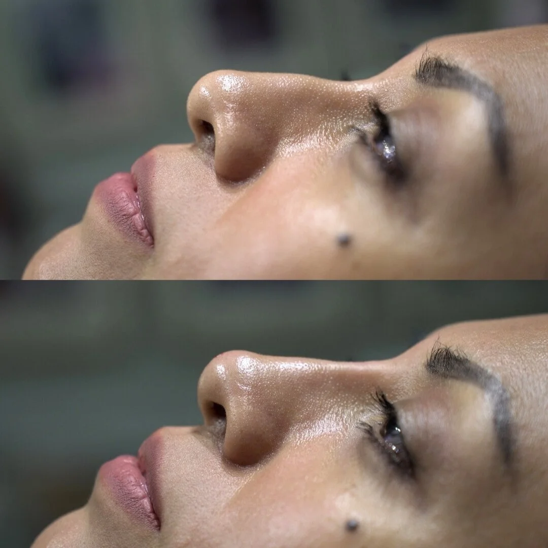 Close-up side view of a woman's face showing her nose, lips, and eye with wet skin, presented in two slightly different angles.