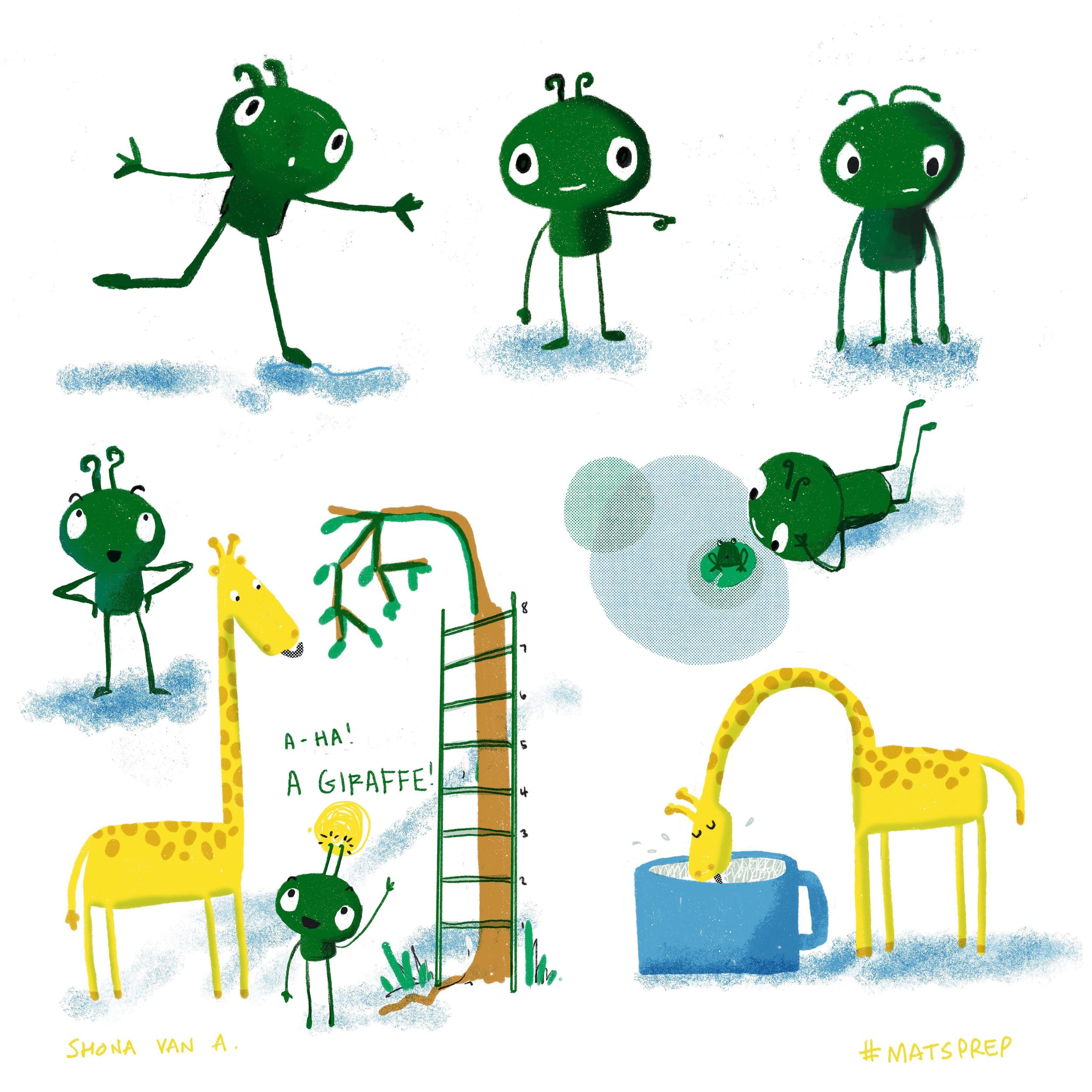 Had fun drawing a random little green alien and his new giraffe pal. Getting geared up with a little #matsprep for an upcoming illustration course with @makeartthatsells