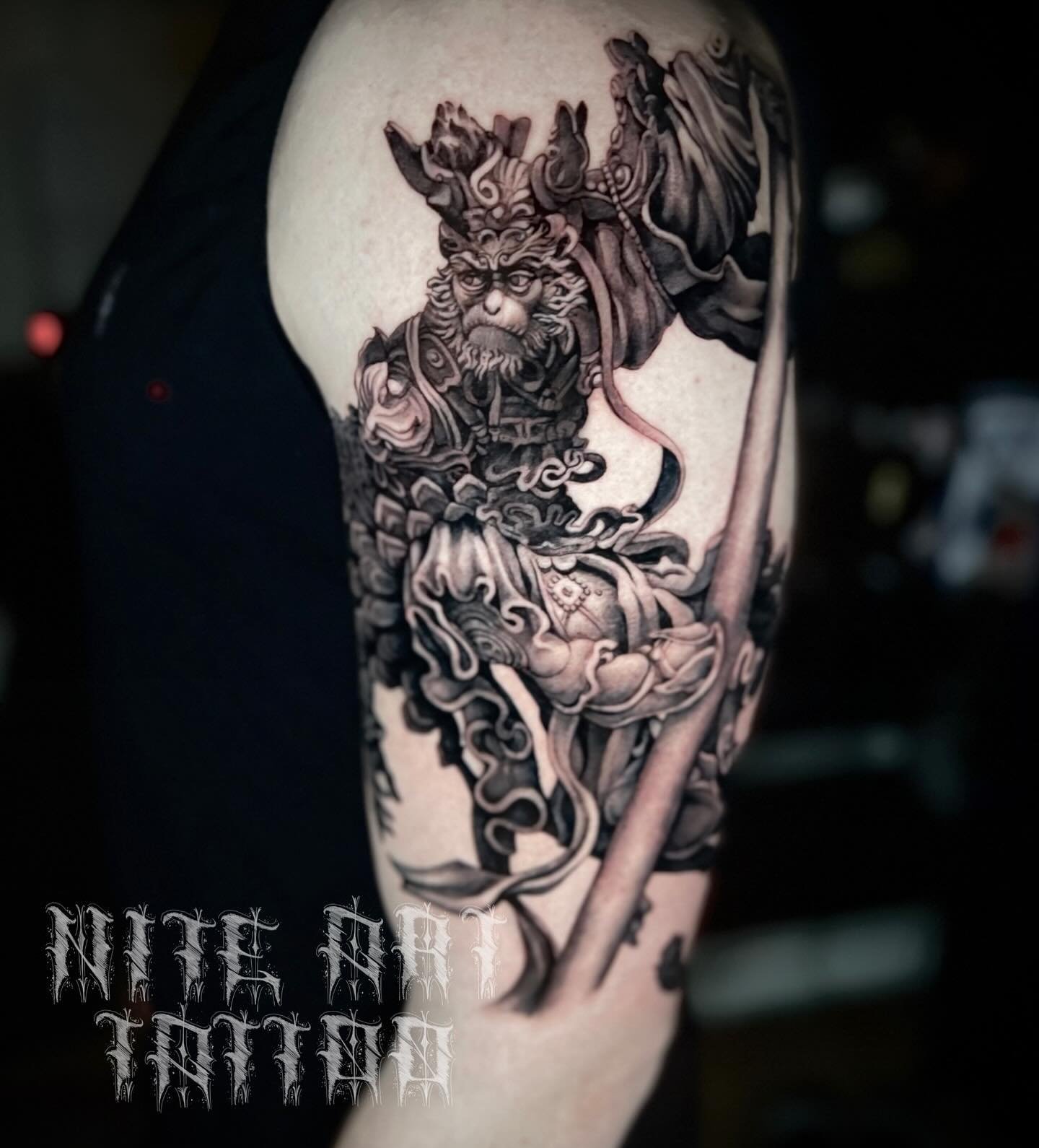 Monkey king SunWukong for my husband @innately_whole 🖤 we started a sleeve for him 🖤#tattoo #tattoos #tattoostyle #tattoosleeve #tattooart #tattooartist #tattoartists #uktattoo #uktattooartist #glasgow #glasgowlife #glasgowtattooartist #glasgowtatt