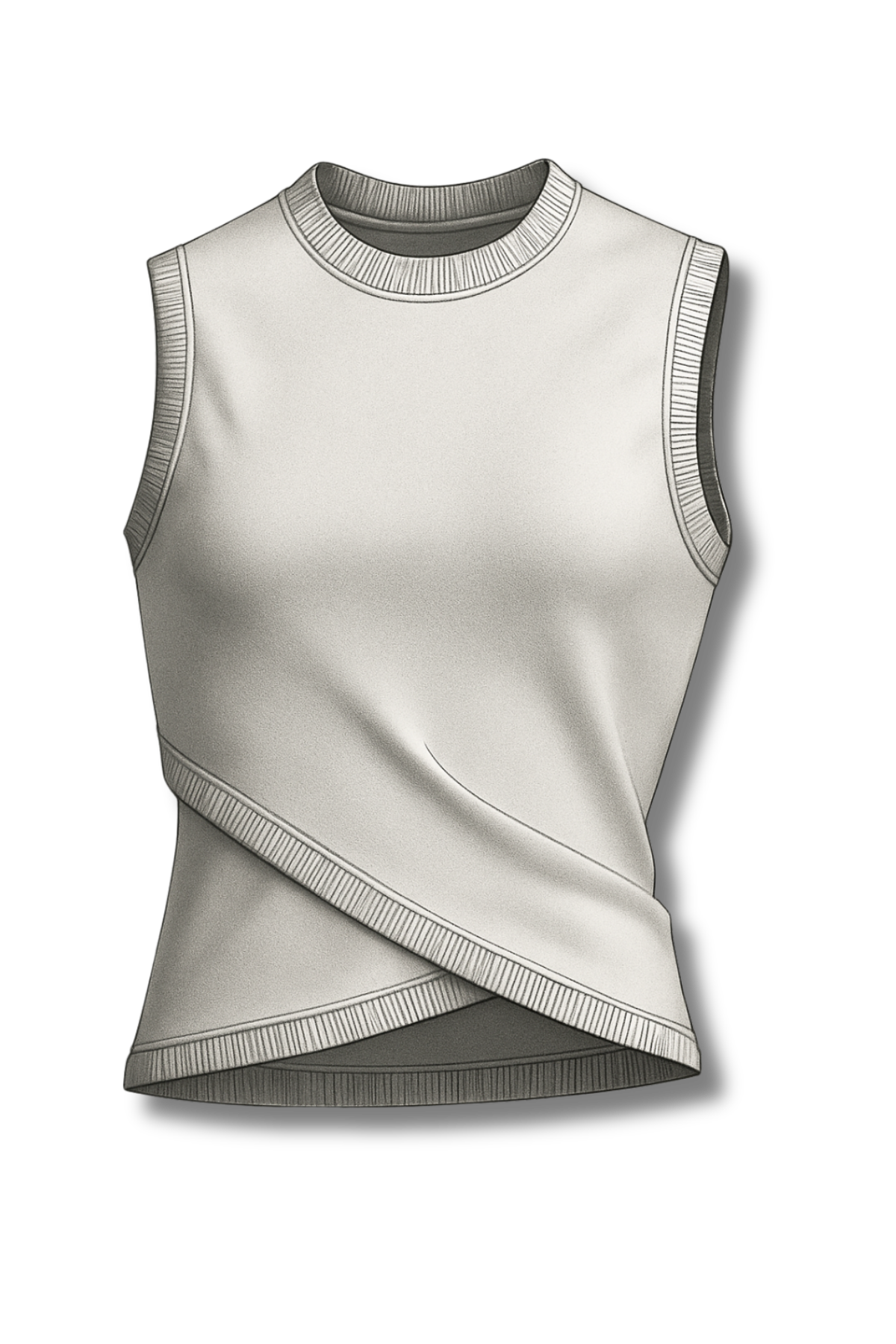 A sleeveless, cream-colored top with a high round neckline, made of textured fabric, displayed against a black background.