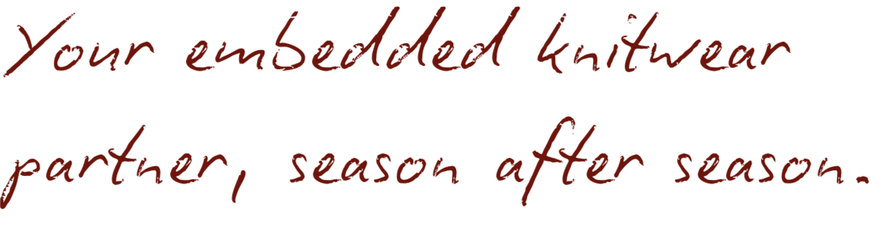 Text in red script reading, "Your embroidered knitwear partner, season after season."