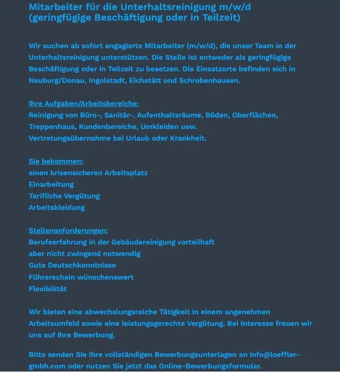 Wir suchen ab Sofort neue Mitarbeiter f&uuml;r die Unterhaltsreinigung in Schrobenhausen auf Teilzeit.

Sollten wir Ihr Interesse geweckt haben, oder Fragen entstehen, w&uuml;rden wir uns freuen von Ihnen zu h&ouml;ren.

#glasreinigung #unterhaltsrei