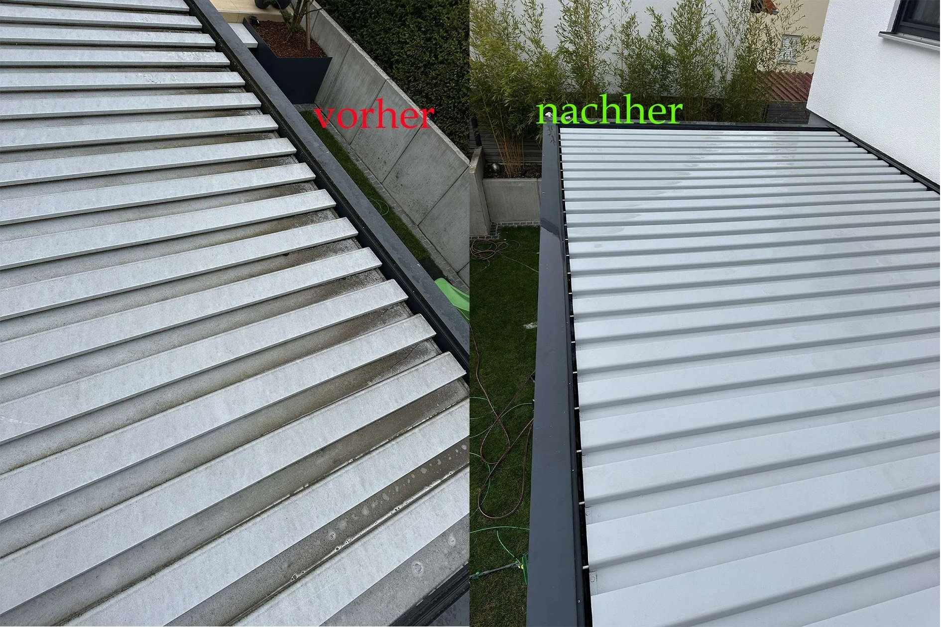 Nach einer etwas l&auml;ngeren Pause, wollen wir euch nun eine Perguladachreinigung zeigen, die wir diese Woche bei einer Kundin durchf&uuml;hren durften. Das Dach erscheint nun wieder im neuen Glanz und ist frei von s&auml;mtlichen Verschmutzungen.
