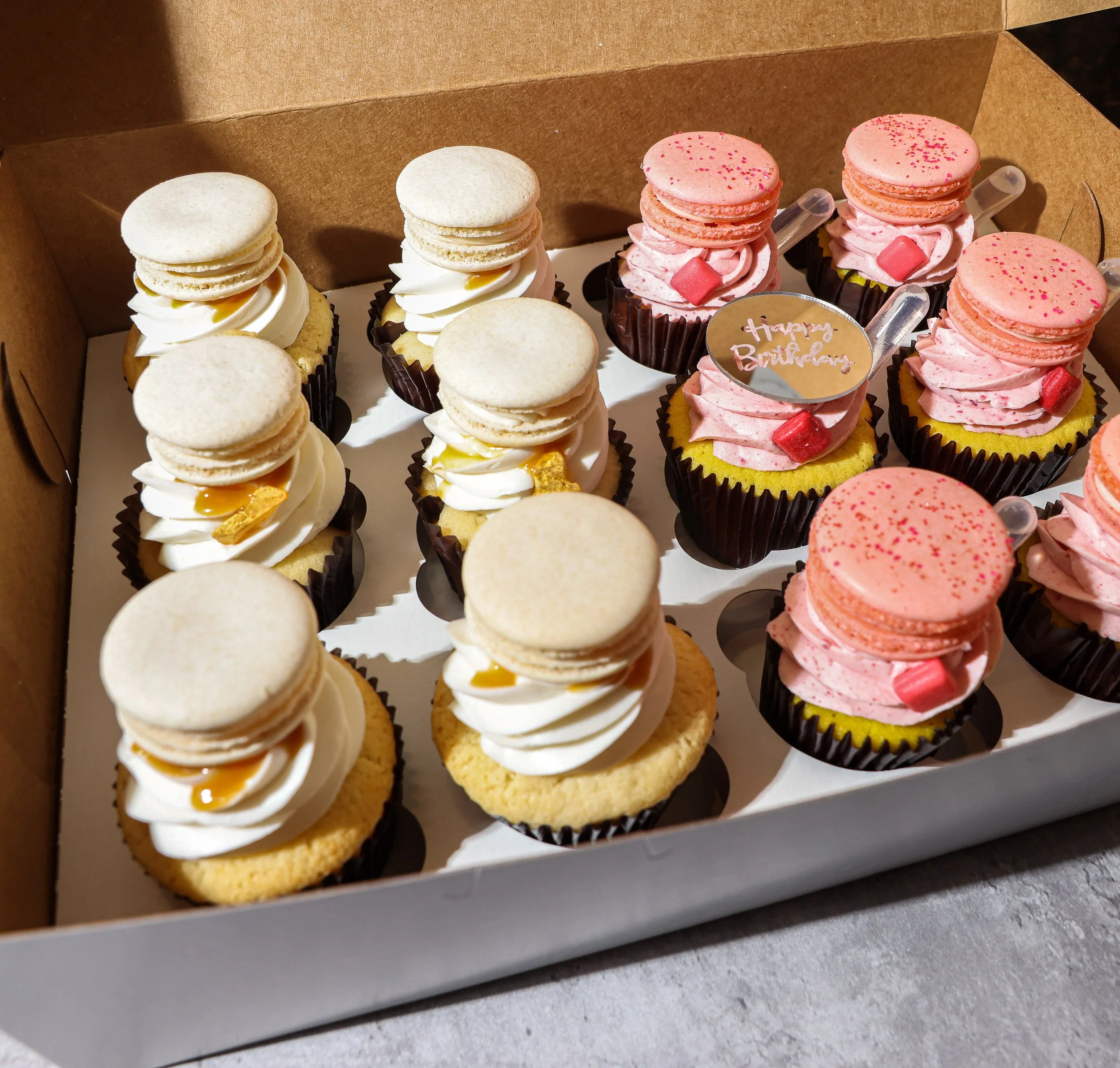 Infused with Alcohol Vegan Dozen Cupcakes with Vanilla and Pink Macaron Toppers