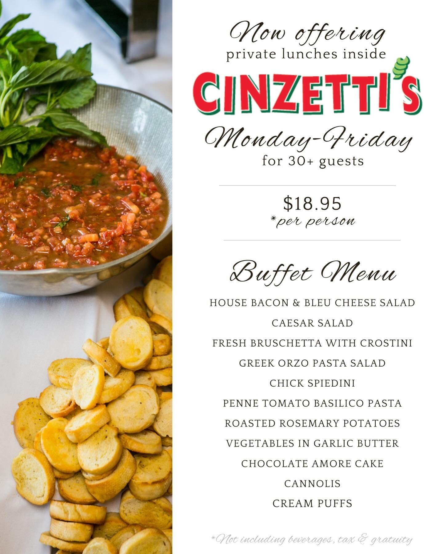 Plaza Catering is now offering private lunches for 30 or more guests. Join us for a delicious buffet menu Monday - Friday located inside Cinzetti&rsquo;s in Overland Park. Call 913-383-8800 or e-mail info@plazacatering.com to make reservations. 
.
.
