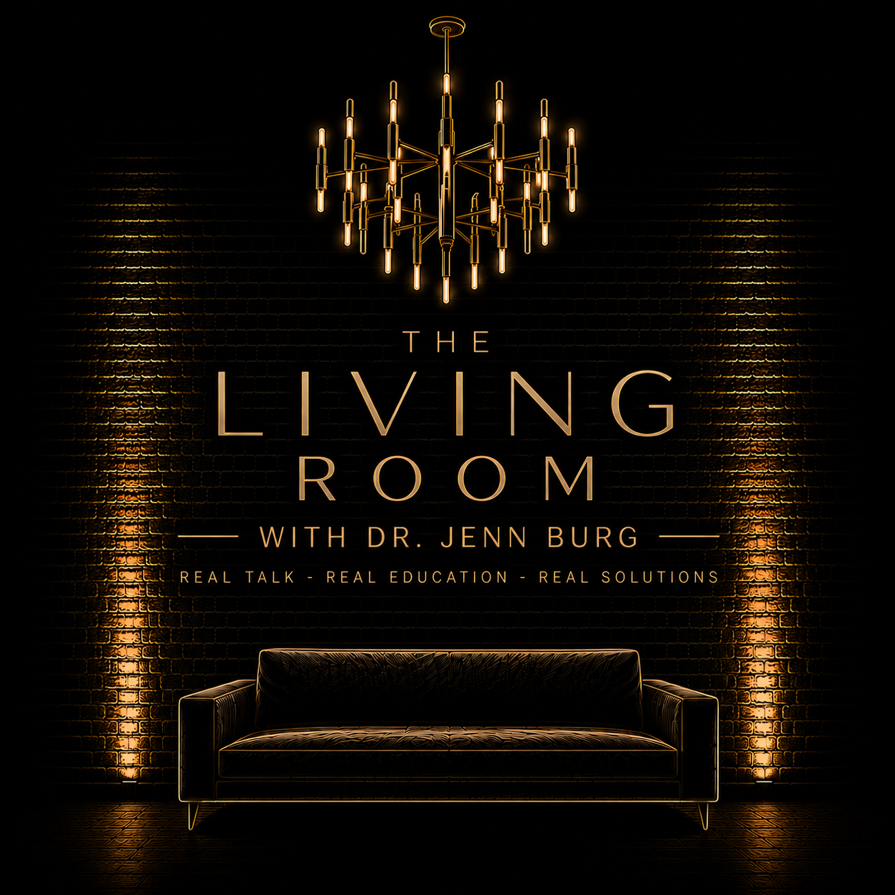 Image of a black brick wall with a gold sofa, chandelier, and two uplights with text about The Living Room series