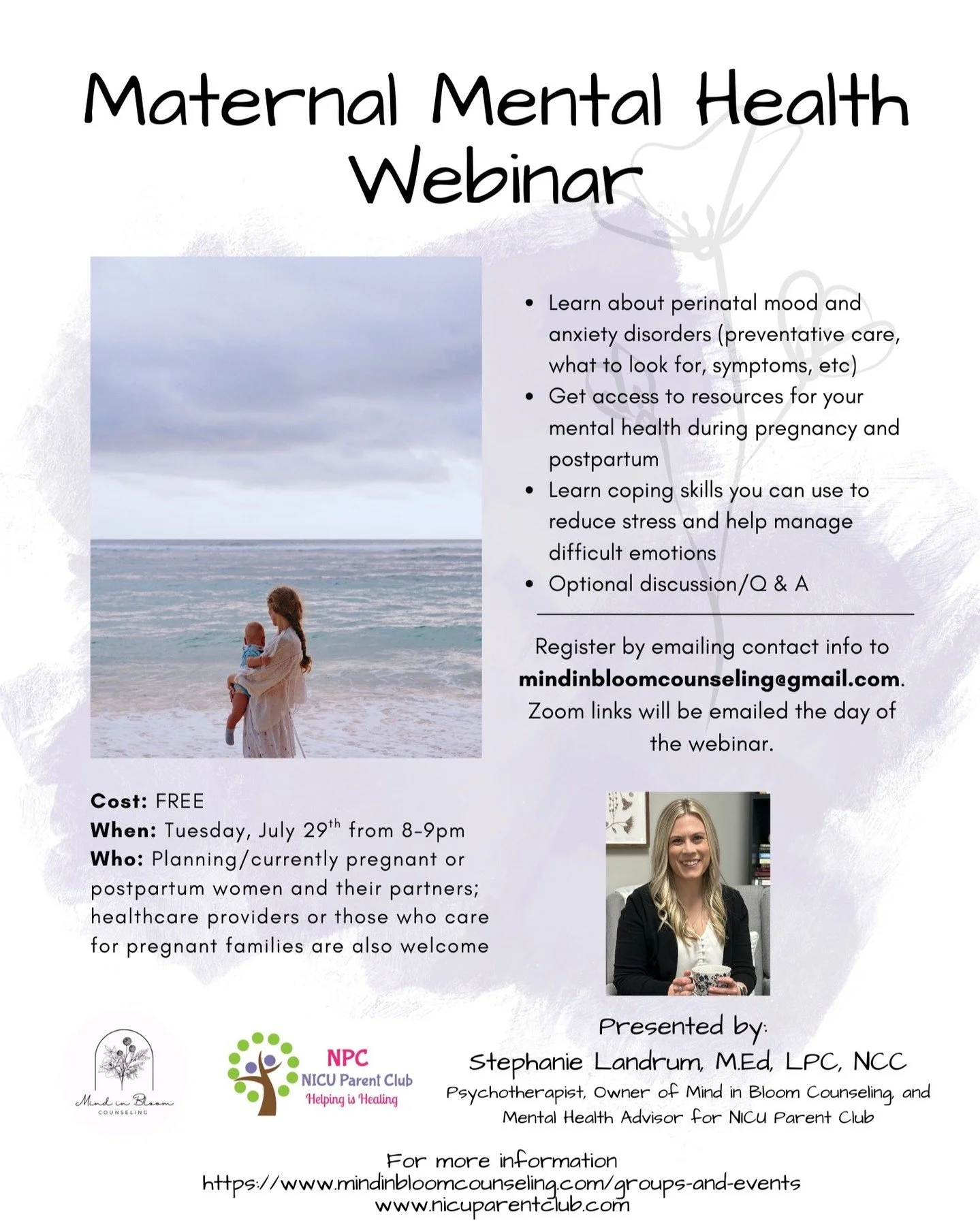 Please join me and the wonderful ladies of the @nicuparentclub for a webinar on maternal mental health. Come with your camera on to discuss and ask questions or come with it off just to listen. We'd love to have you while we talk about signs and symp