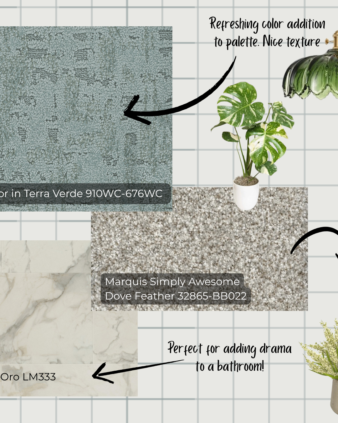 Snapshot showing Fabrica WATERcolor in Terra Verde, Marquis Simply Awesome Dove Feather, and Kardnean Calacatta d'Oro LM33