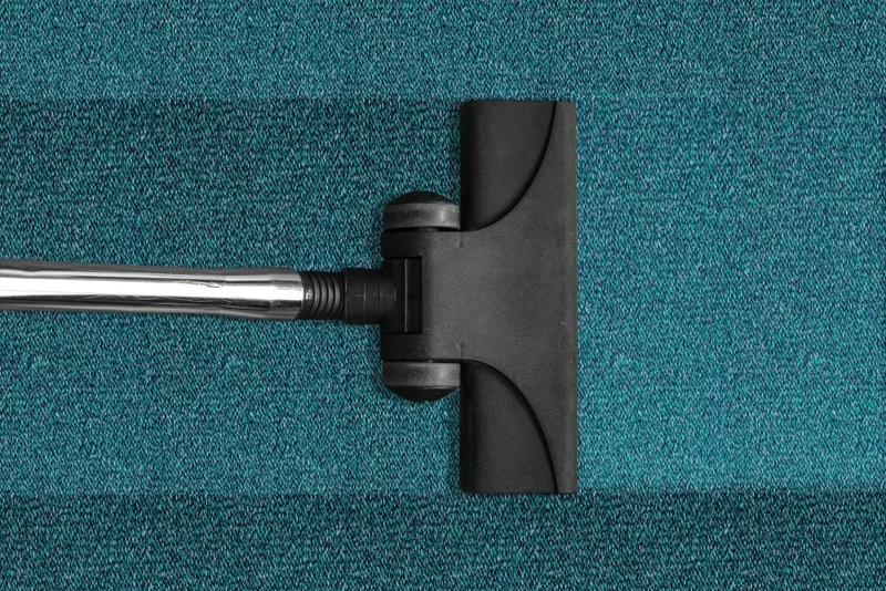 A blue carpet being vacuumed with the vacuum lines showing.