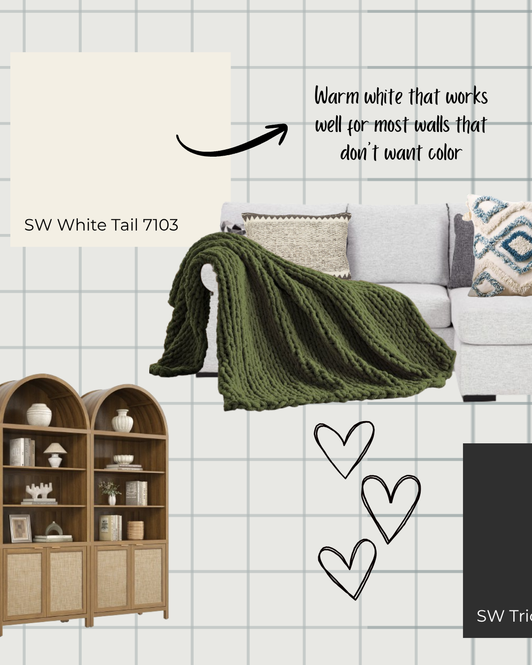 Snapshot showing SW White Tail for most walls and SW Tricorn Black for baseboards