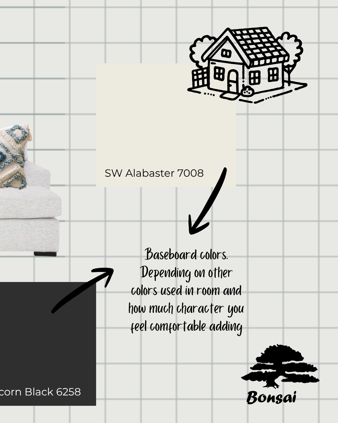 Snapshot showing SW Tricorn Black and SW Alabaster as baseboard colors.