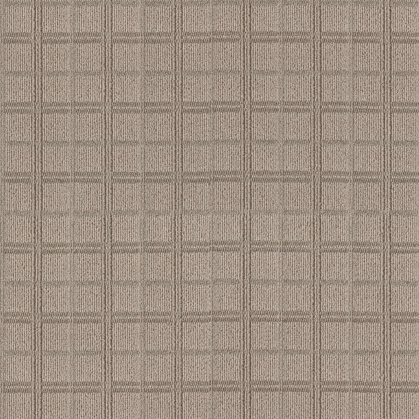 Close-up of a beige carpet with a checkered pattern.