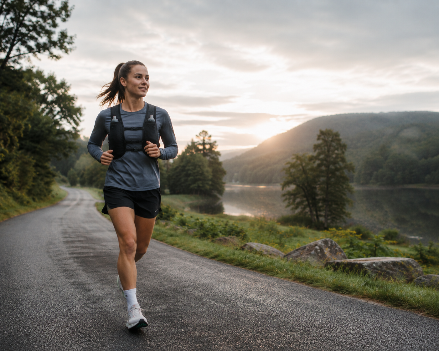 female runner wearing a running vest out on a dirt road training