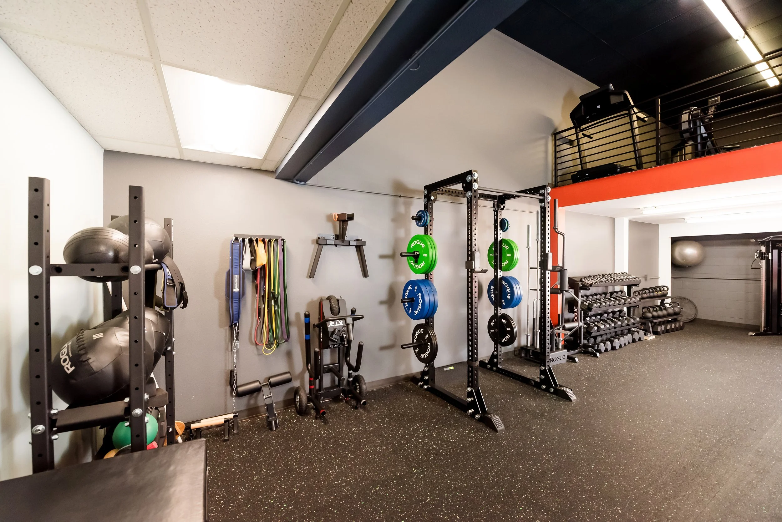 bands hanging on a wall next to a dip attachment and sled next to a rack full of weights and dumbbells.