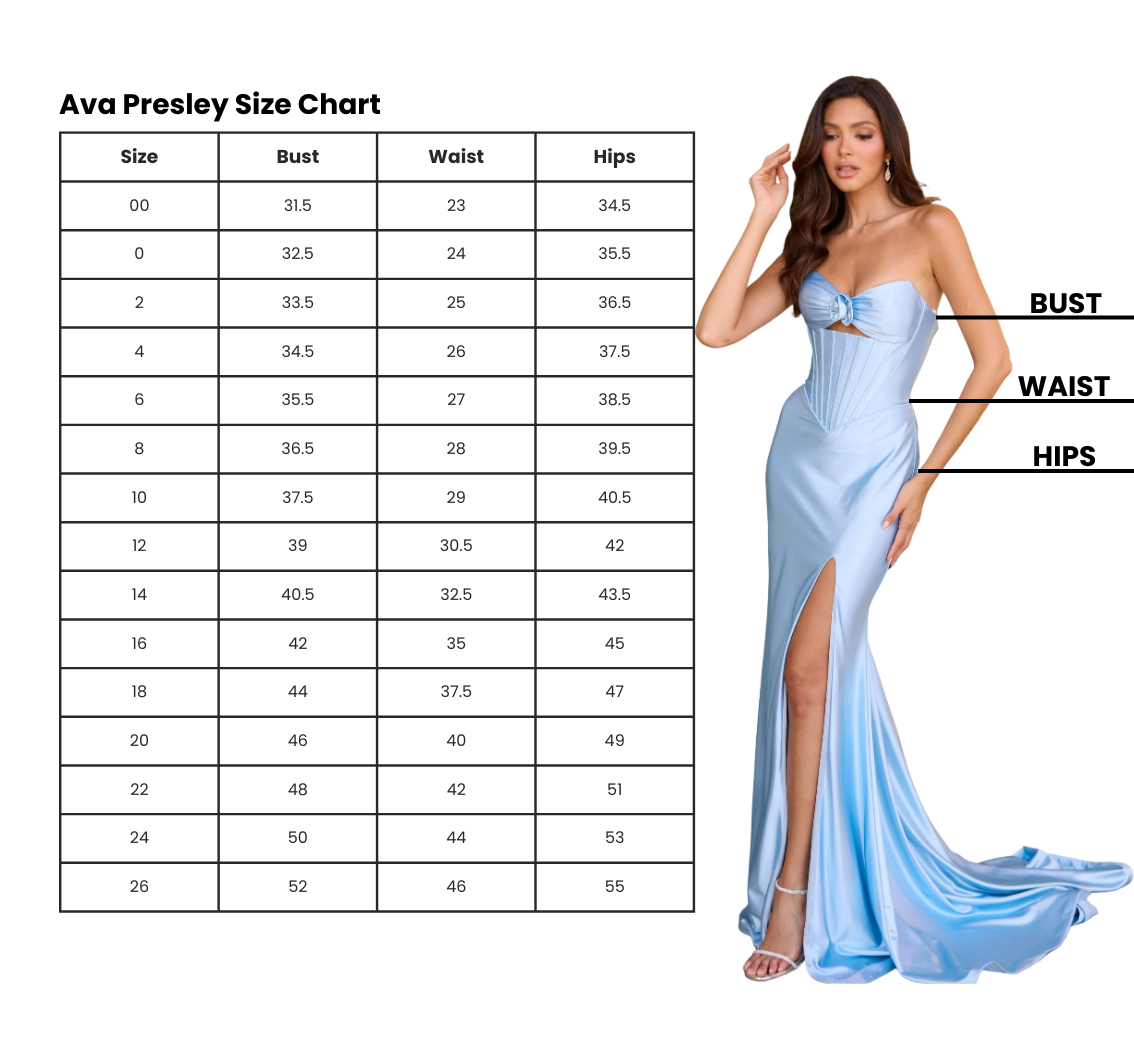 A size chart for Ava Presley next to a woman in a light blue strapless gown with a slit, demonstrating bust, waist, and hips measurement points, with labeled lines indicating these body parts.