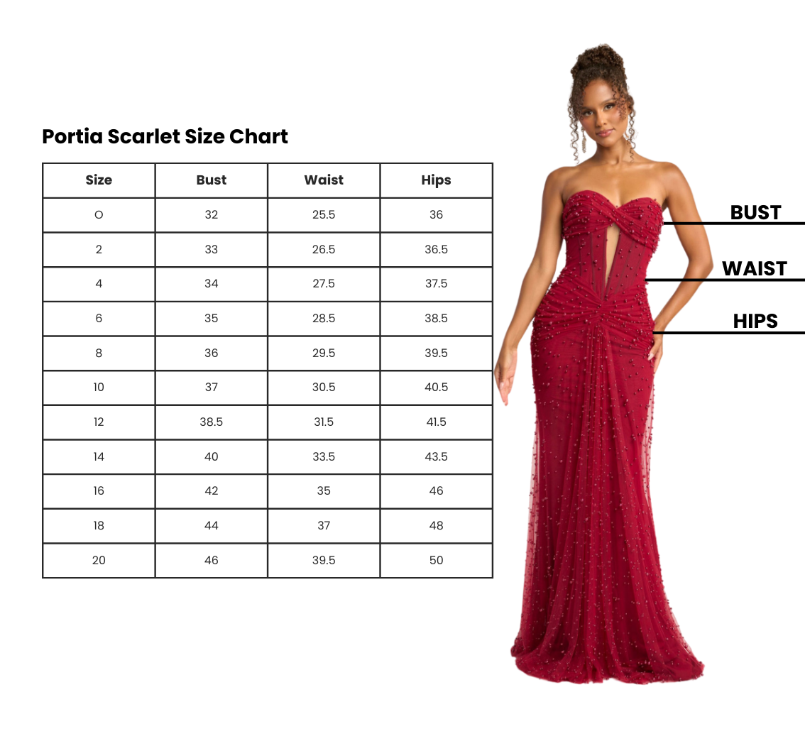 Portia Scarlet evening gown in red with beading, modeled by woman, with size chart overlay showing bust, waist, and hips measurements labeled.