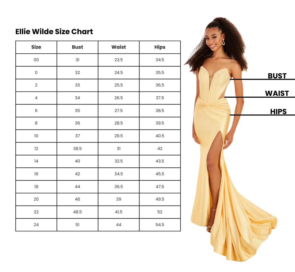 Ellie Wilde size chart next to a smiling woman in a yellow gown with a deep neckline, thigh slit, and text pointing to her bust, waist, and hips.