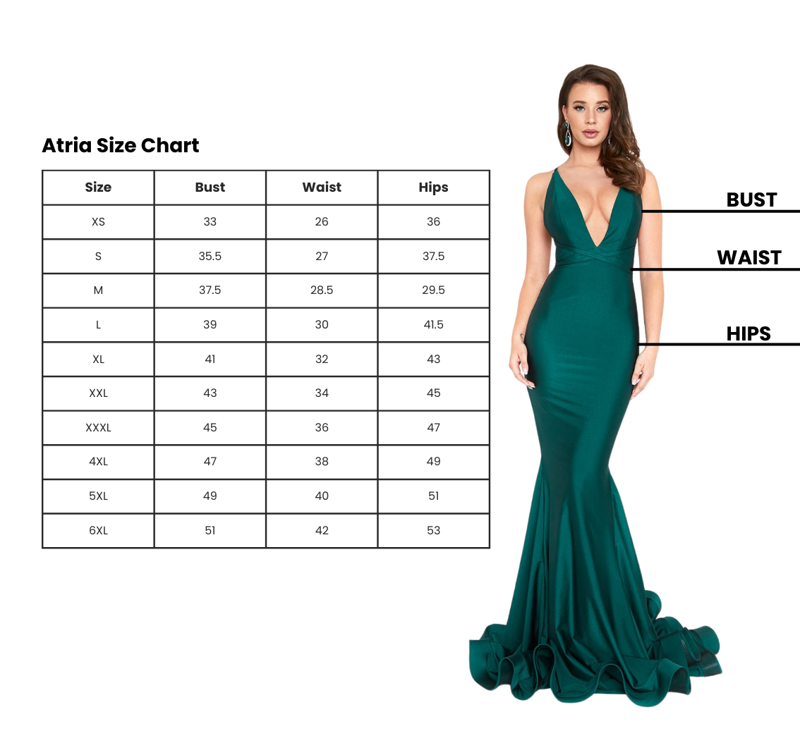 A woman in a teal gown standing next to a chart labeled 'Atria Size Chart' with indicated measurements for bust, waist, and hips, and labels pointing to her bust, waist, and hips.