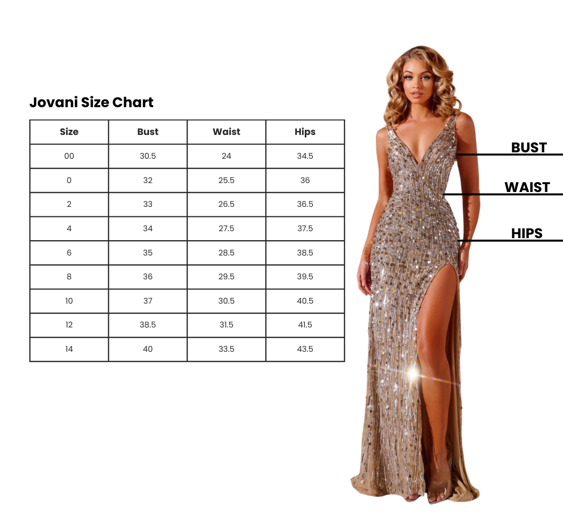 A woman in a gold sequined gown standing next to a Jovani size chart. The gown features a thigh-high slit and spaghetti straps. The chart provides measurements for bust, waist, and hips across various sizes.