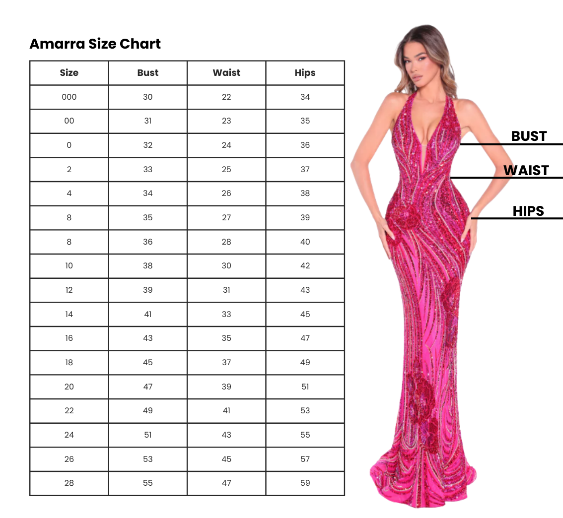 Size chart for Amarra with columns for size, bust, waist, and hips; a woman in a pink, beaded, sleeveless evening gown with labels indicating bust, waist, and hips on the right side of the image.