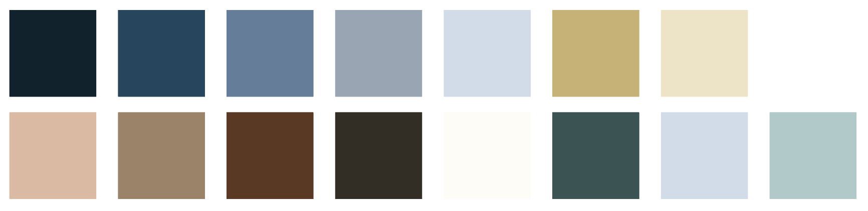 15 colors of fabric colorway with blues and browns as dominant colors.