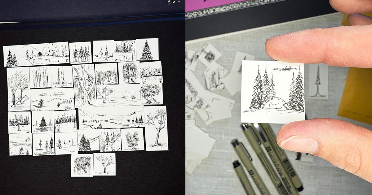 overhead view of tiny drawings