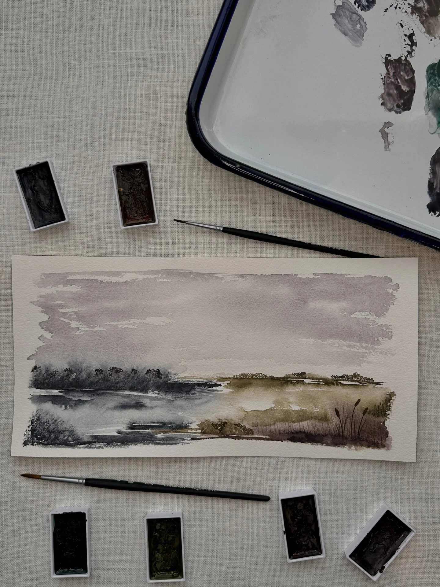 Let&rsquo;s take a closer look at this piece. I think my favorite part may be the simple purple sky. This piece is quiet and calm to me, but I&rsquo;m struggling for a name that fits. What would you name it?