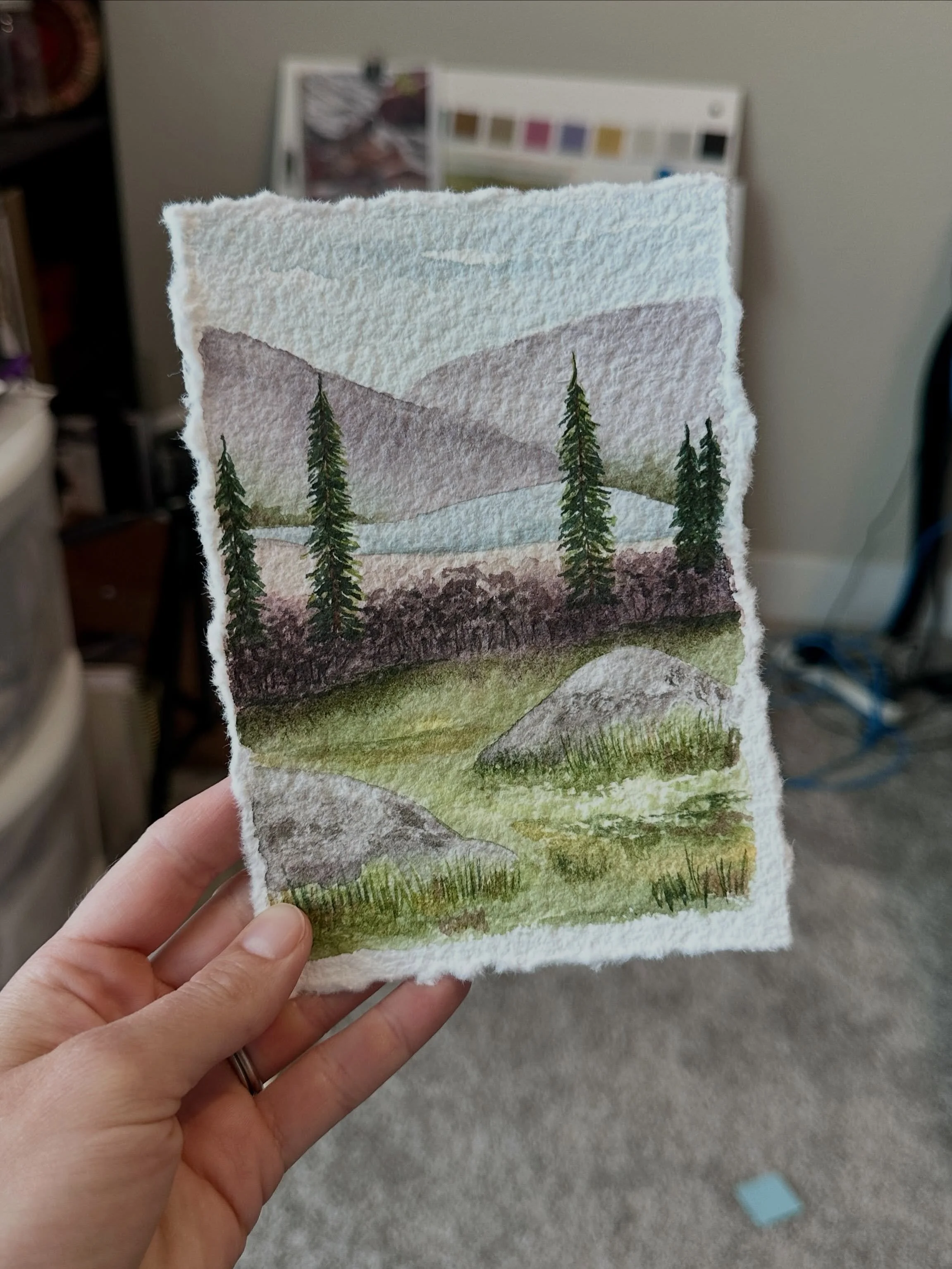 Art creation this summer is of the slow and steady variety and that&rsquo;s ok with me. 1. A mountain study using my new rough watercolor paper. 2. Smaller study of the same view in my sketchbook along with value study. 3. Photo that inspired the pai