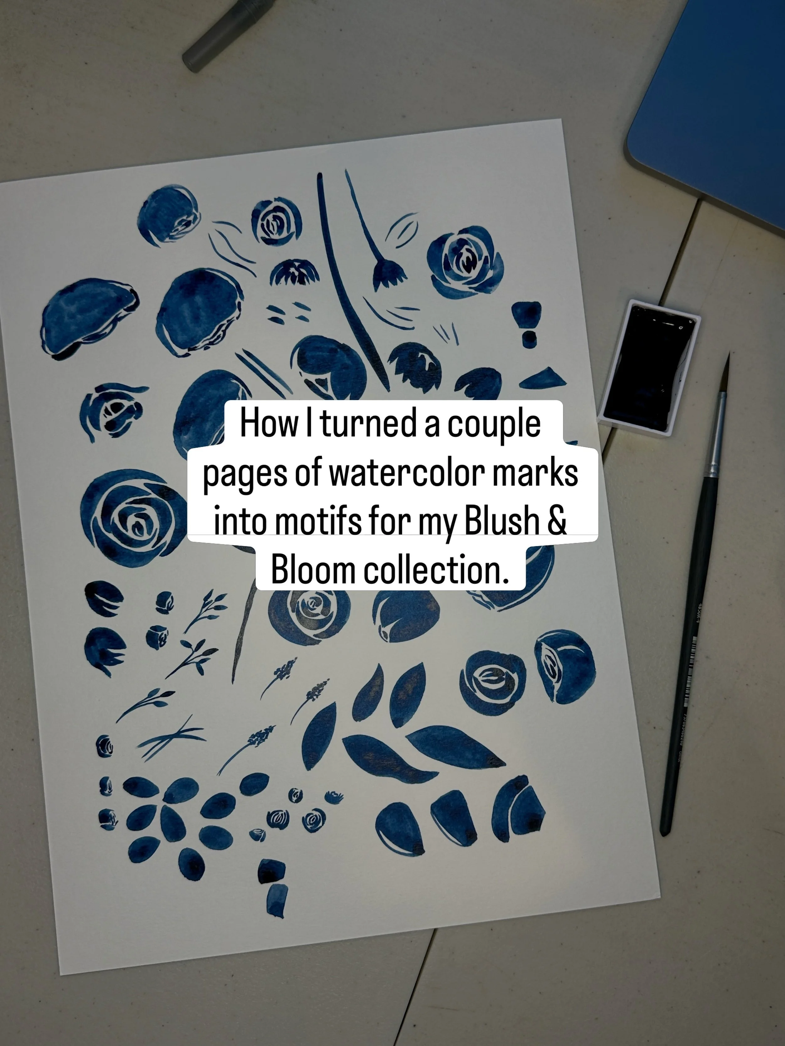 When I sit down to paint with patterns in mind, my favorite marks often come somewhere in the middle. I usually have a list of marks I definitely want to paint, the large roses for example, but then I always make some messy experimental marks that of
