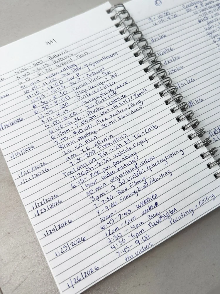 notebook page showing tracking dates and studio hours