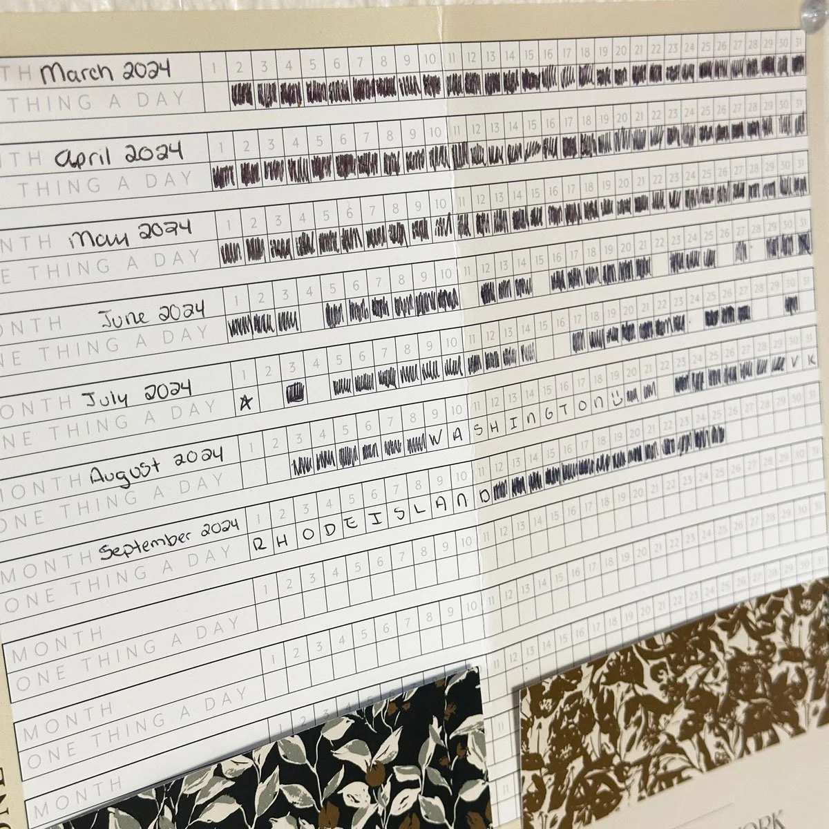 Photograph of a daily tracker half filled in for the calendar year
