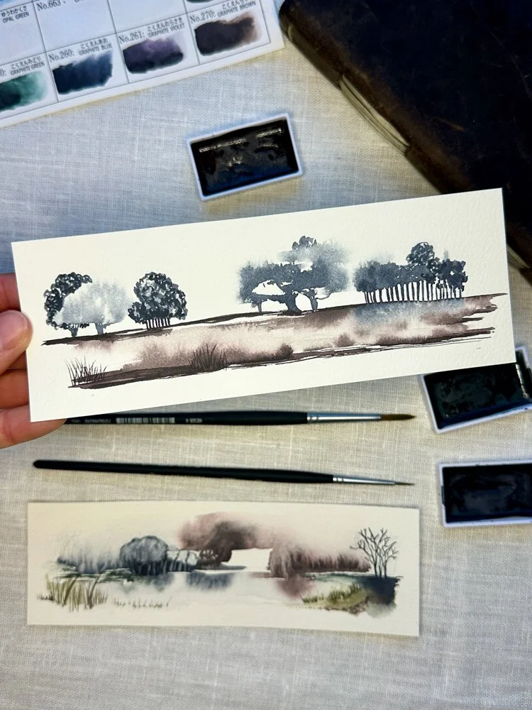 abstract watercolor landscape using gansai tambi watercolors