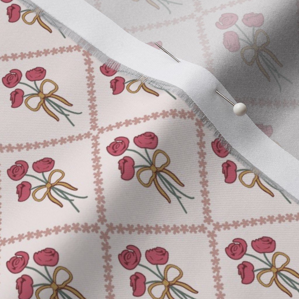 Fabric mockup featuring the delicate rose trellis pattern. 