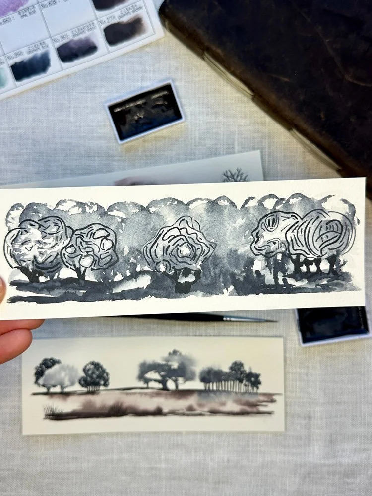 abstract watercolor landscape using gansai tambi watercolors