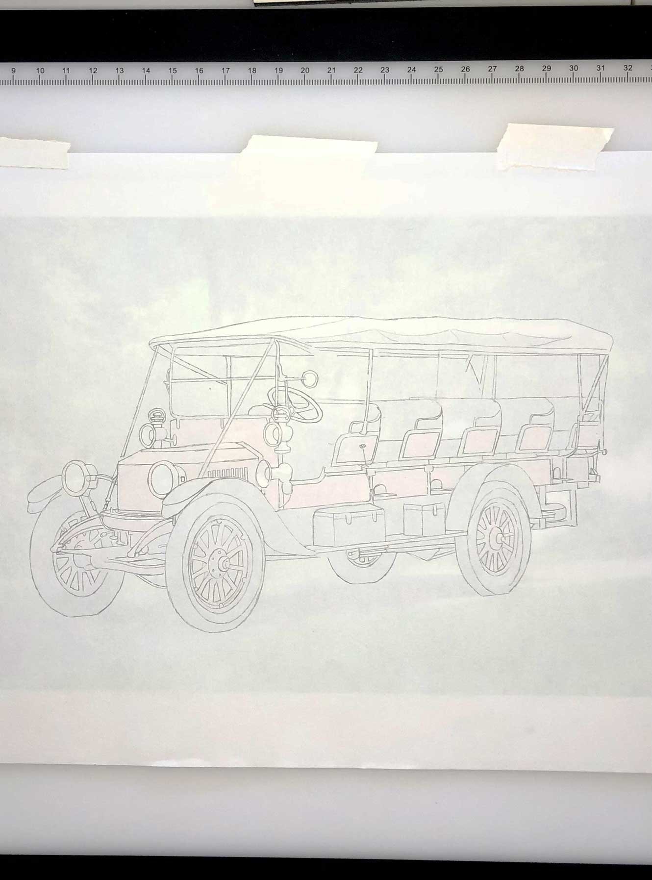 light table used to create an outline of a 1915 Stanley mountain wagon steam car