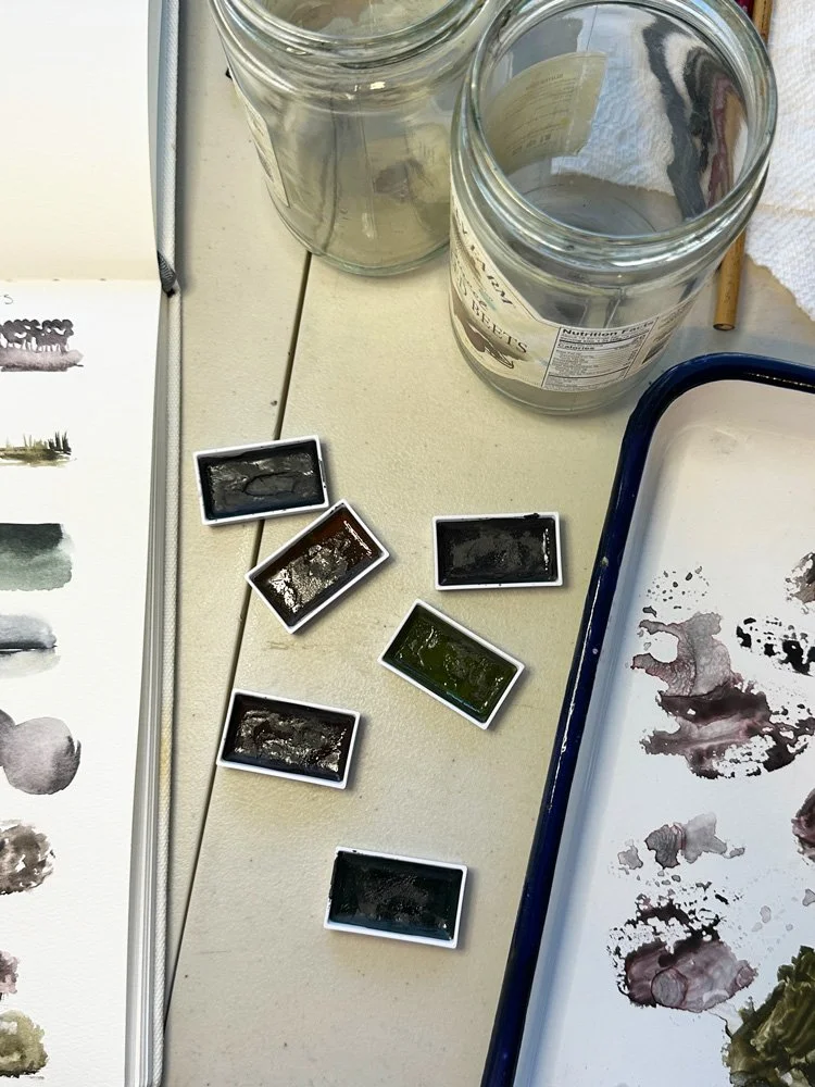 overhead view of loose gansai tambi paint pans