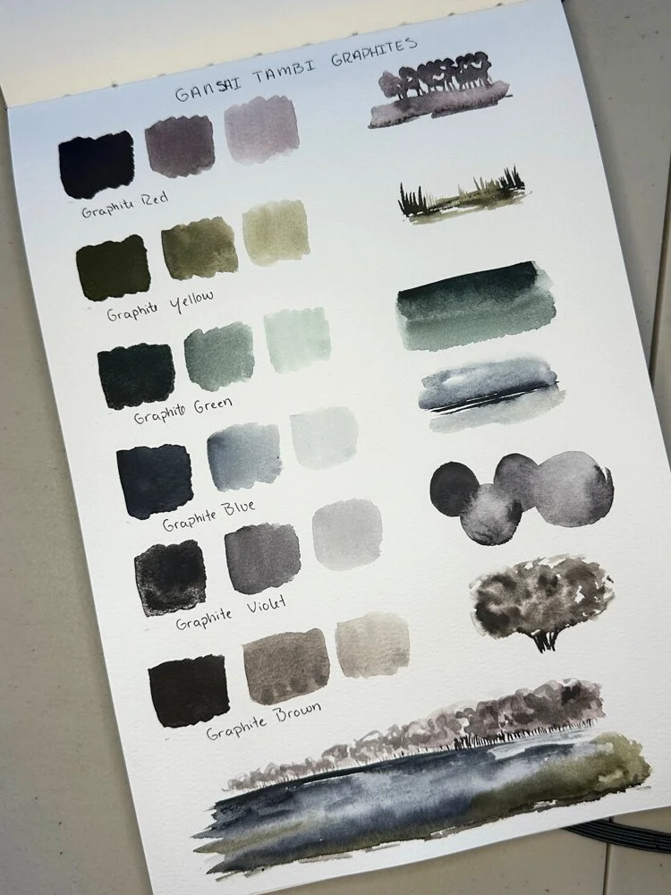 sketchbook page showing test swatches of gansai tambi watercolor paints