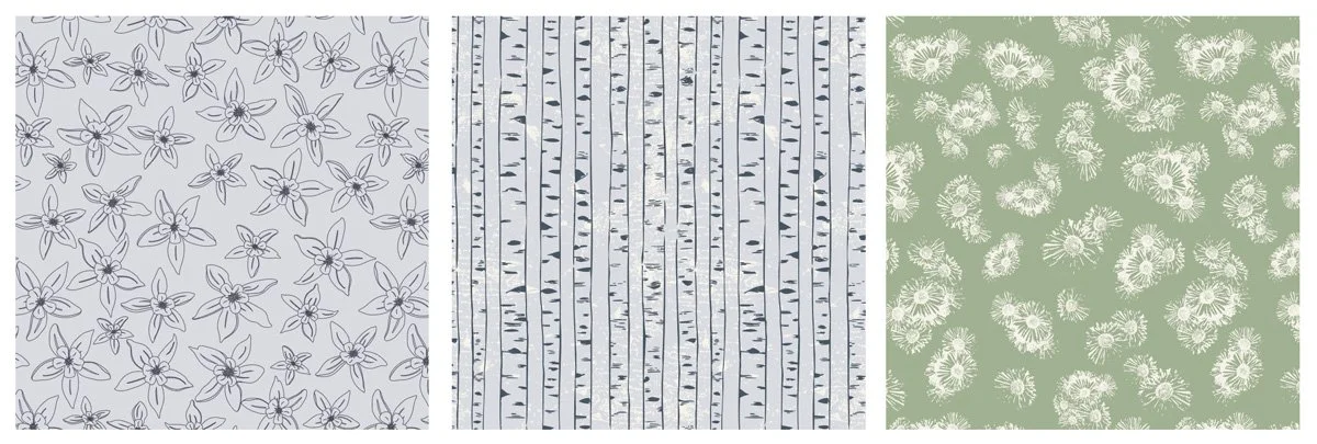 three patters, first shows flowers, second show tree trunks, third shows flowers.